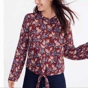 Madewell Maroon Floral Front Tie, Low Back Long Sleeve Shirt Size Small